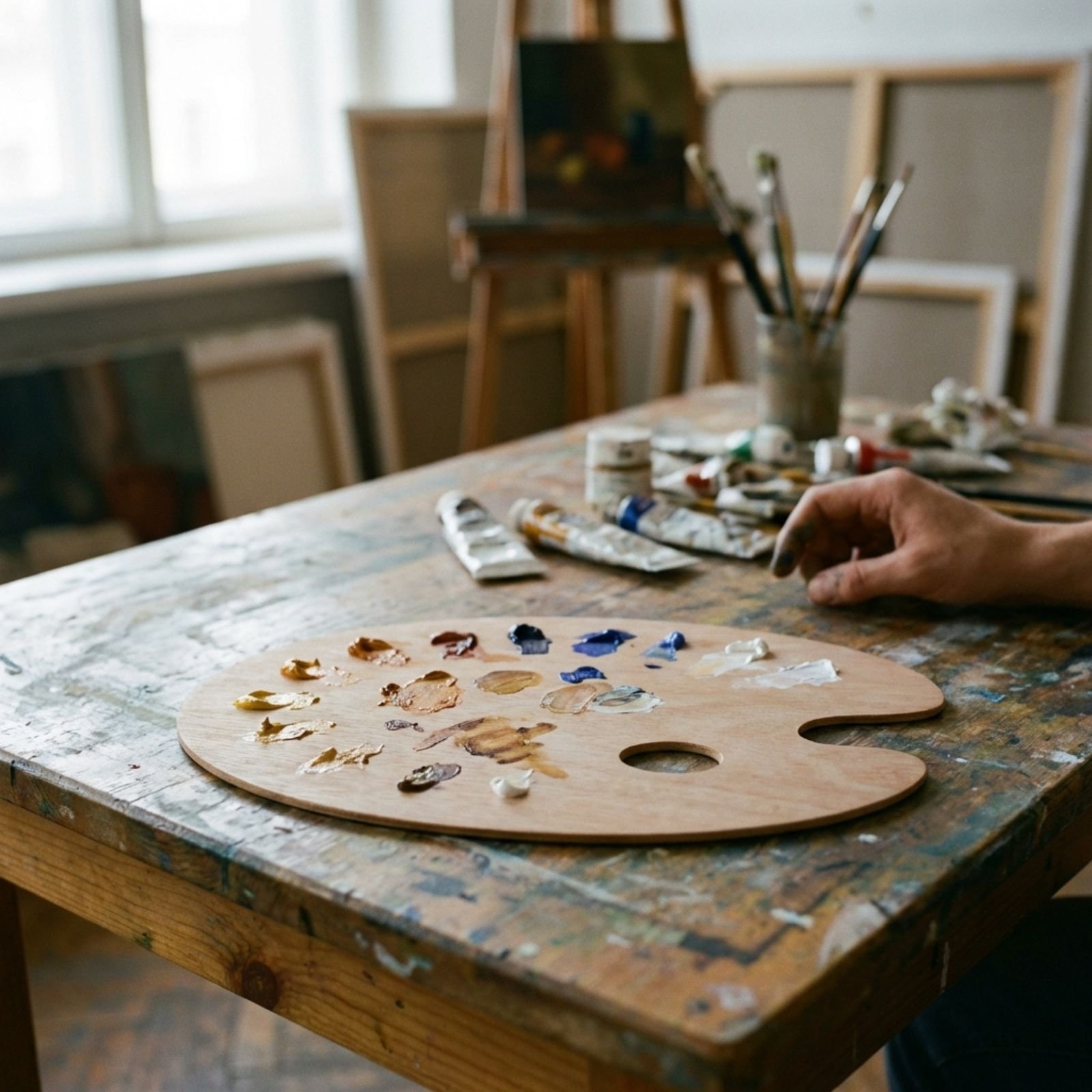 Paleta malarska drewniana na stole w pracowni artystycznej