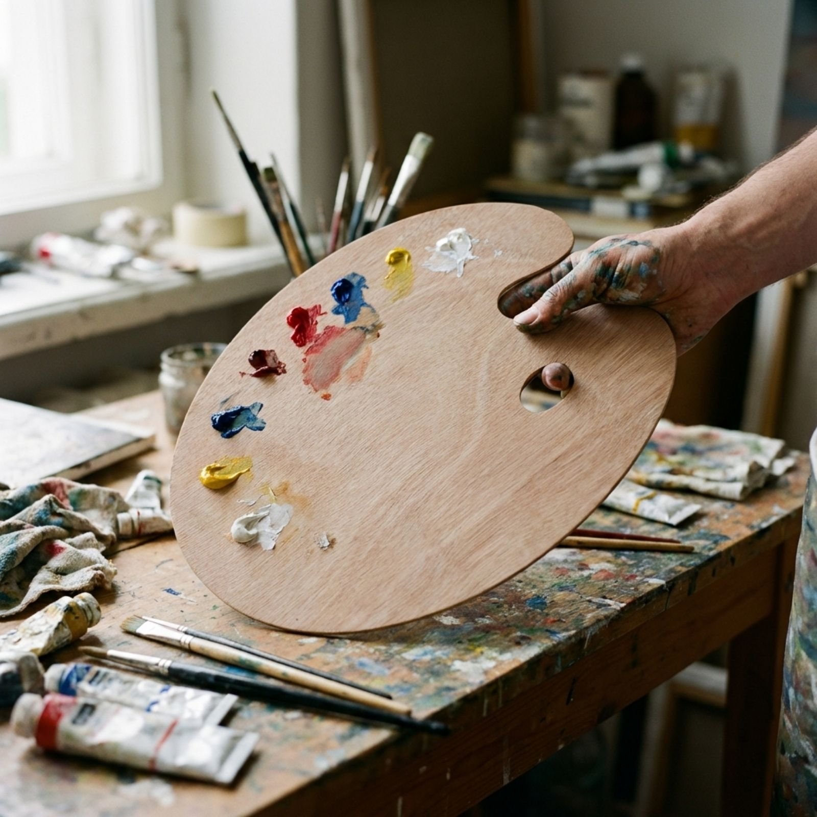 Paleta malarska drewniana w użyciu w pracowni