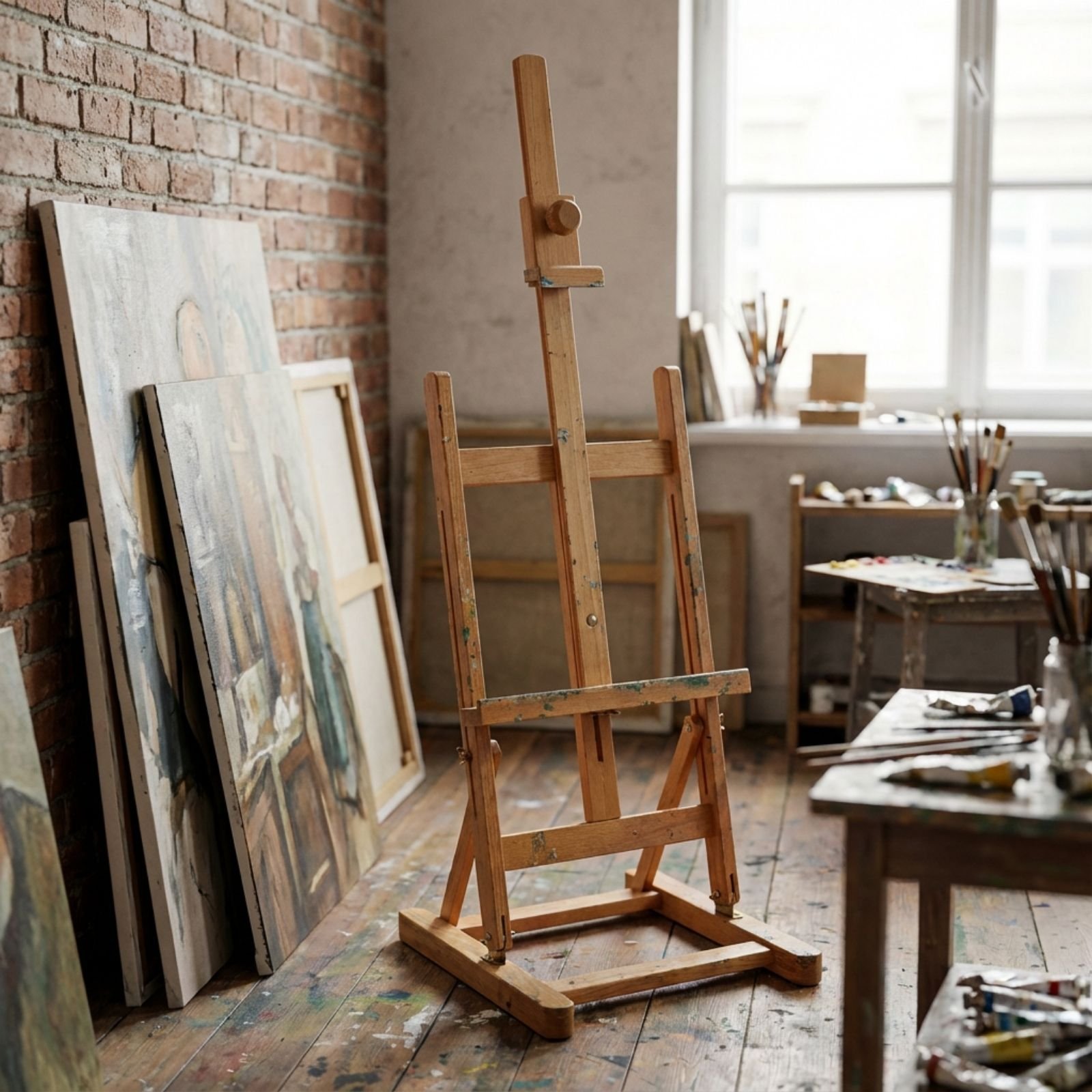 Sztaluga drewniana malarska studyjna stołowa bukowa w pracowni artystycznej. Wielorybie Rzeczy