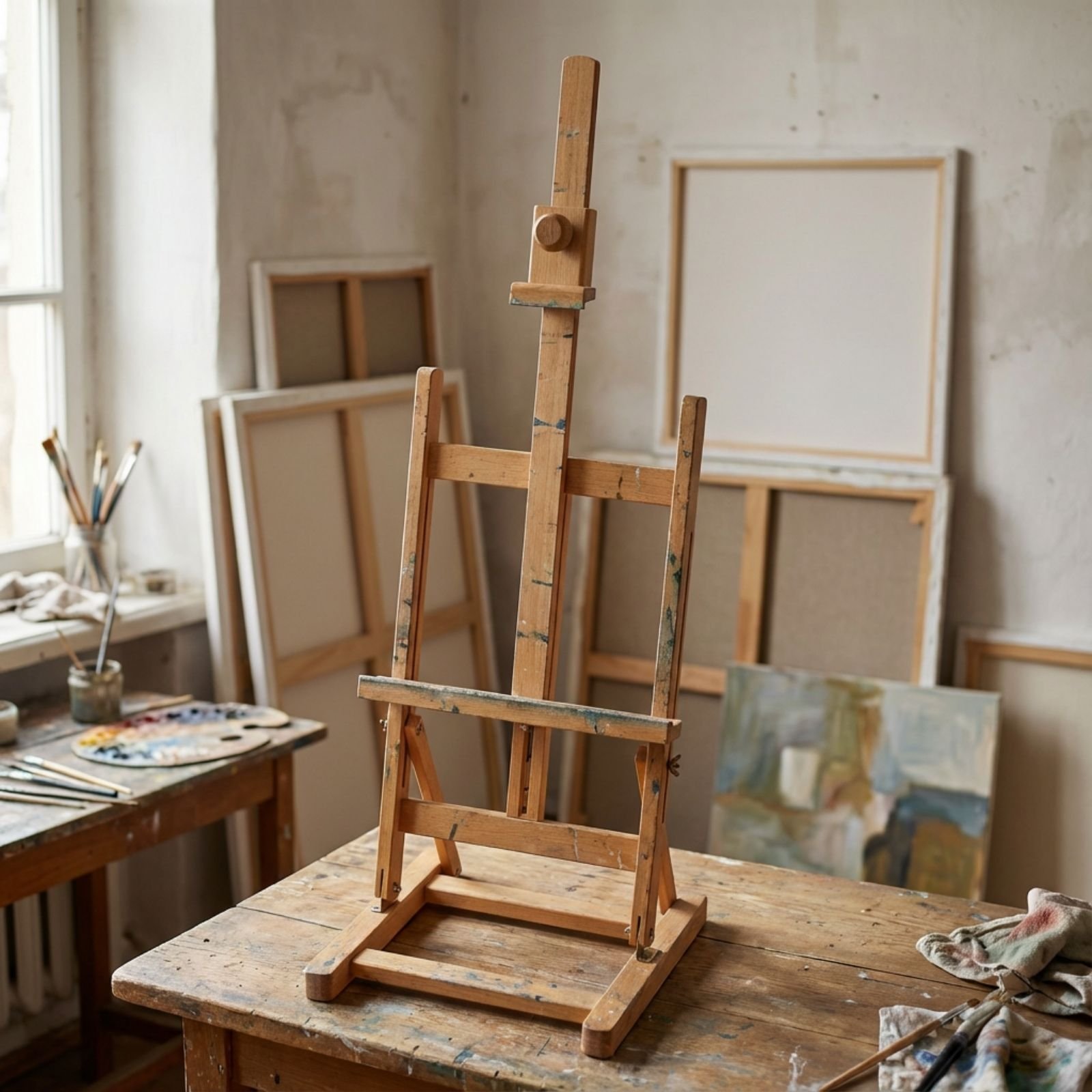 Sztaluga drewniana malarska studyjna stołowa bukowa w pracowni artystycznej na blacie stołu. Wielorybie Rzeczy