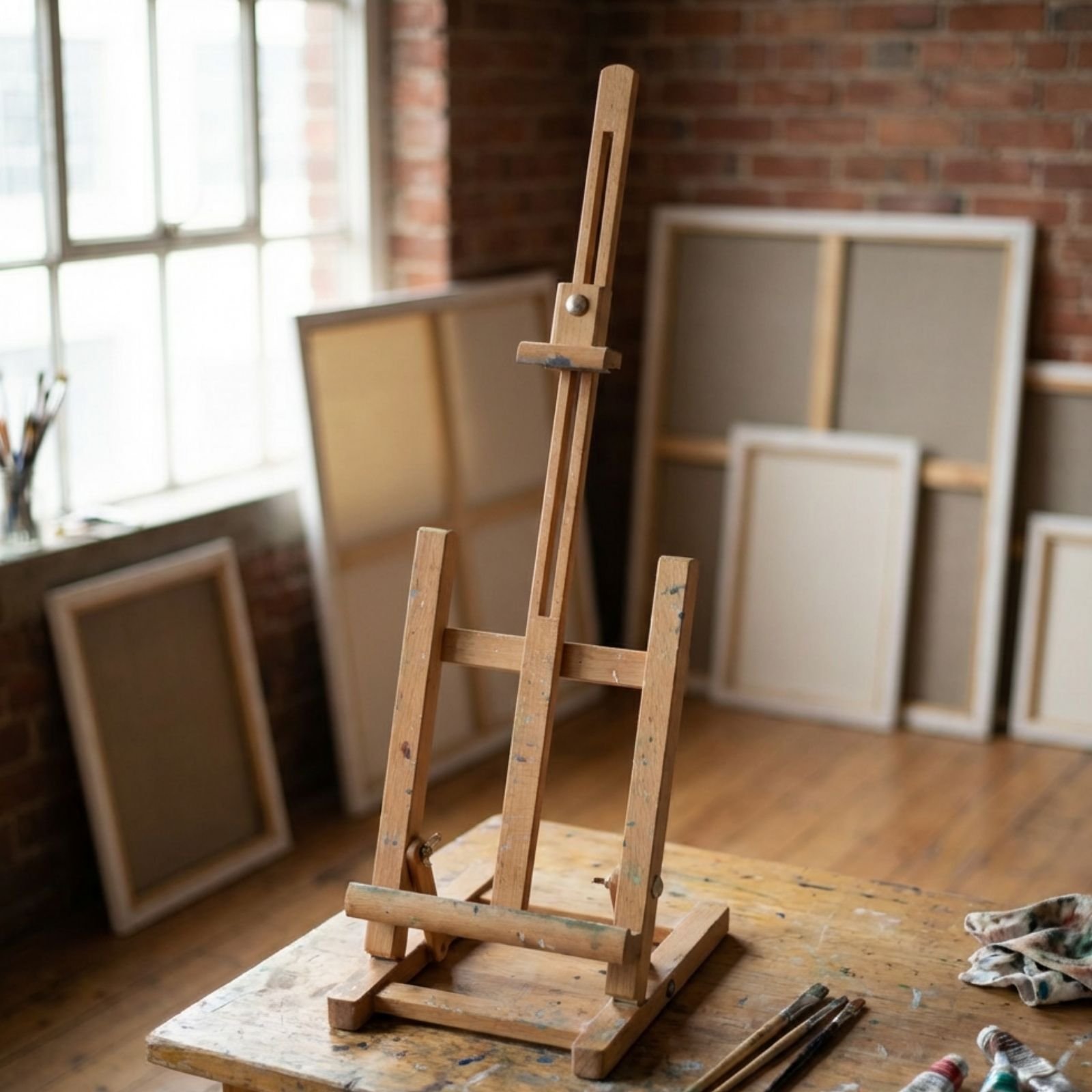 Sztaluga drewniana malarska studyjna stołowa bukowa w pracowni artystycznej na biurku. Wielorybie Rzeczy