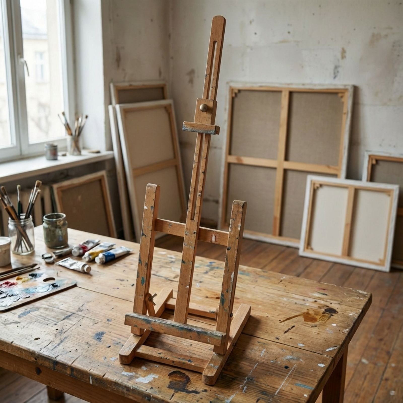 Sztaluga drewniana malarska studyjna stołowa bukowa w pracowni artystycznej na blacie. Wielorybie Rzeczy